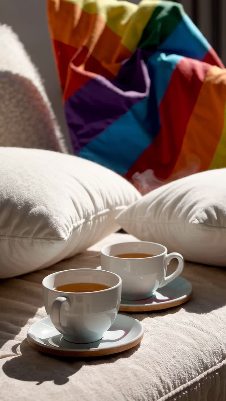 Cozy Pride-Themed Living Room Scene with Tea