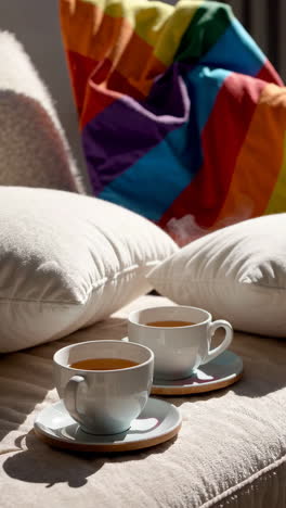 cozy pride-themed living room scene with tea