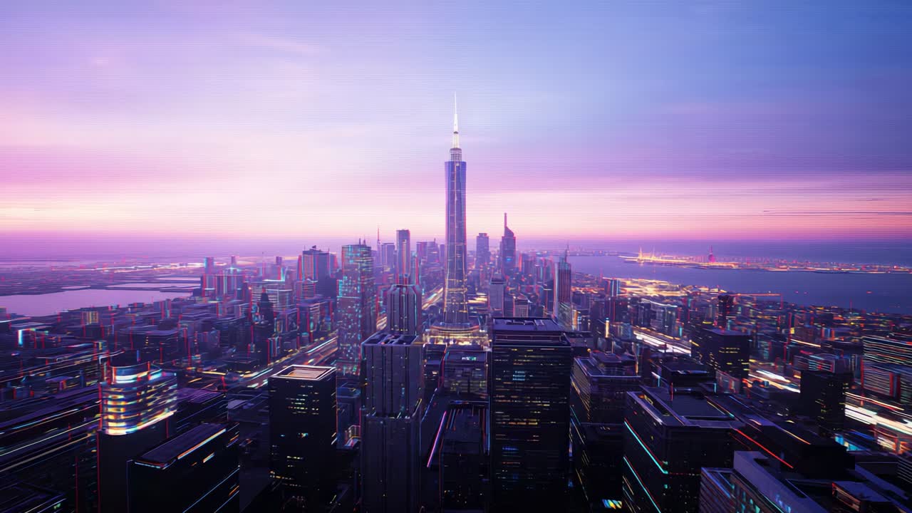 Twilight lighting central spire apex amid coastal city, featuring skyscraper lights glowing on grid
