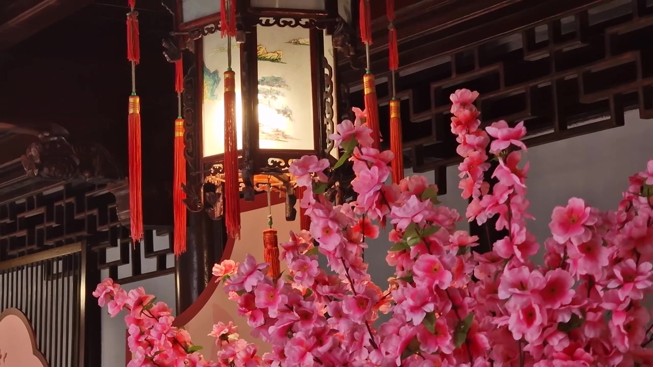 Xangai, China. Flor de Árvore e Lanterna Chinesa em Frente a Casa Tradicional, Complexo do Jardim Yu