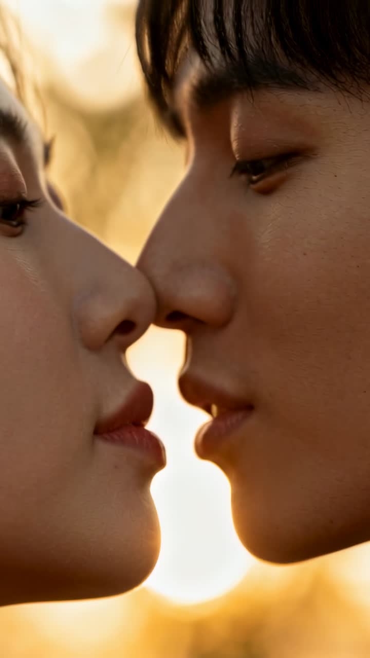 Video verticale: Avvicinandosi, una donna a sinistra e un uomo a destra si baciano con affetto al tramonto, con il sole che illumina i contorni del fogliame.