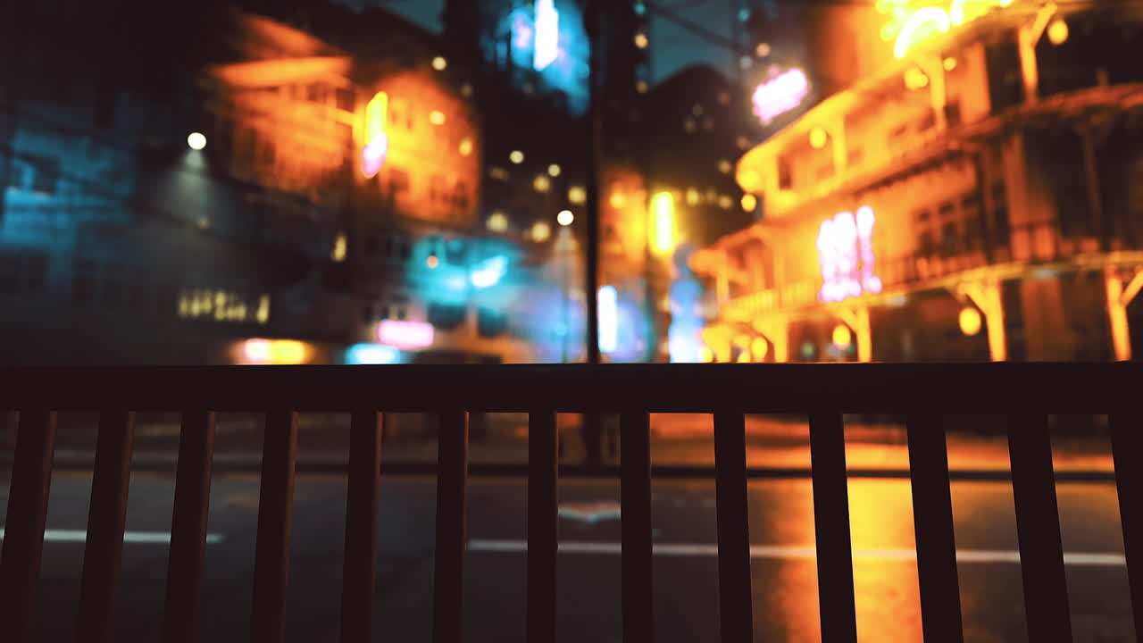 Nighttime view of a city street with vibrant lights and reflections