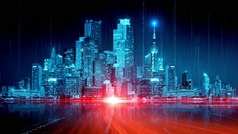 digital city skyline 3d rendering cityview, skyscrapers, radiotower, radiosignals, wifi radiation, blue red, highway cars timeline light sabers, matrix background, zeros and ones, hacker, blockchain