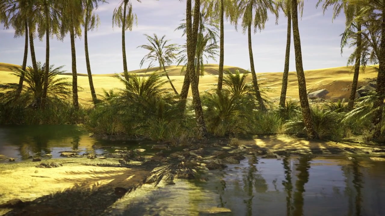 Ambiente verde con acqua, uno scenario luminoso e lussureggiante con alberi e uno stagno