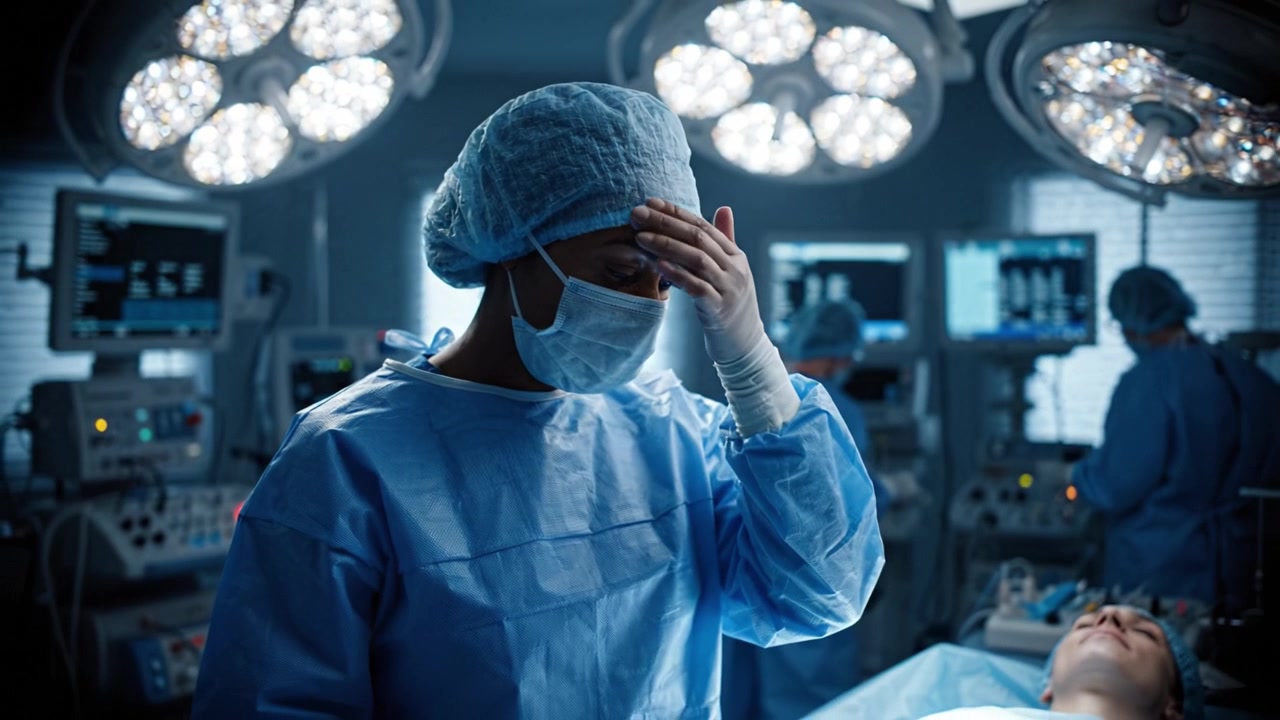 Fokuserede kirurger på operationsstuen: Medicinsk team udfører operation med præcision under skarpe operationslamper i et højteknologisk operationsmiljø.