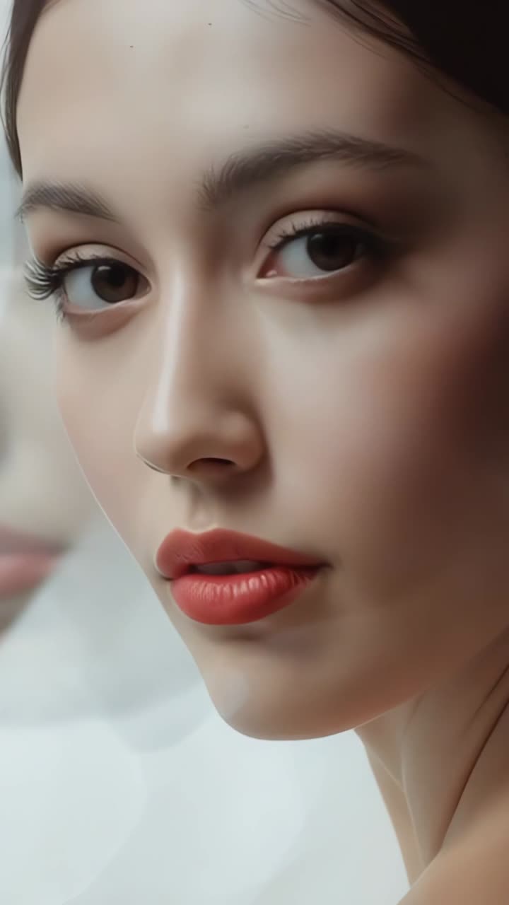 Vertical video: Camera capturing model rotating face near window, with sheer curtain and daylight