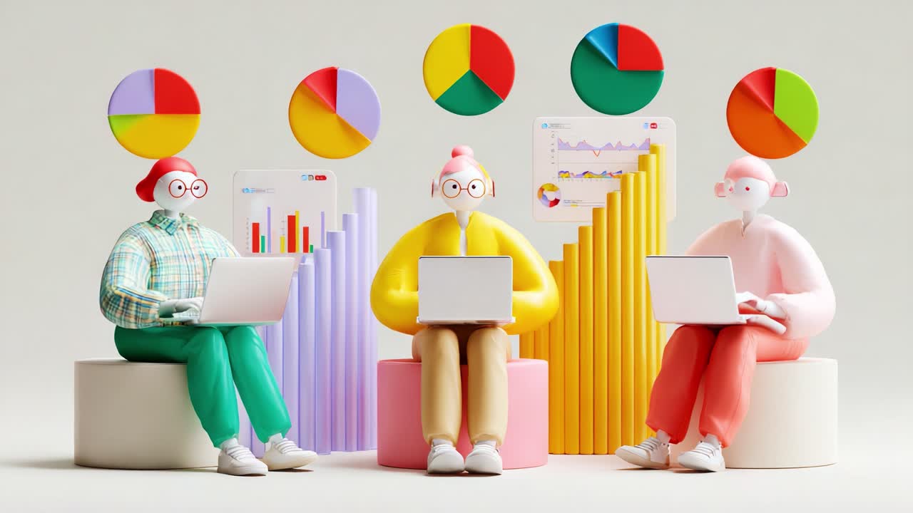 Three Colorful Characters Engaged in Data Analysis, Using Laptops to Review Charts and Graphs, Signifying Collaboration and Modern Digital Communication Strategies in Business