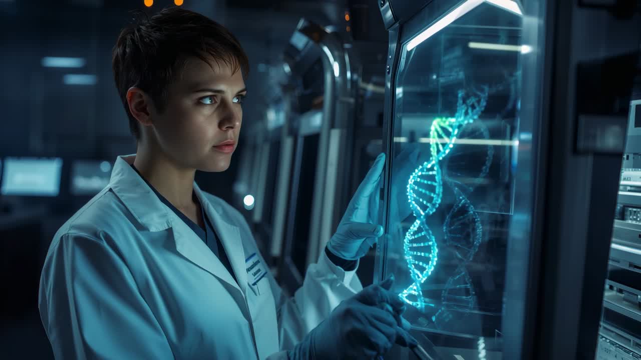 Reaching researcher in lab coat, gloves analyzing 3D DNA helix on touch panel in lab