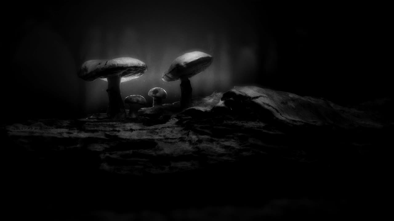 el bosque místico, la escena de los hongos mágicos.