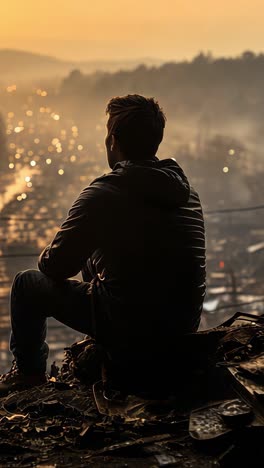 silhouette of a person watching a sunset over a devastated city landscape