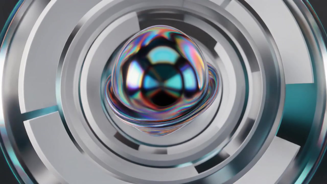 Abstrakt 3D-animation af iriserende kugle, der roterer i mekaniske ringe