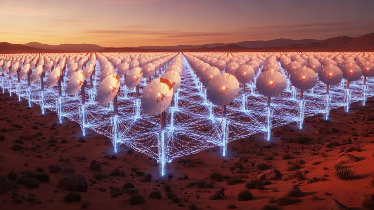 A Stunning Display of Futuristic Solar Technology Illuminates the Desert Landscape at Dusk, Showcasing Rows of Solar Arrays Connected by Blue Energy Grids