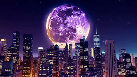 night cityscape with a large purple moon