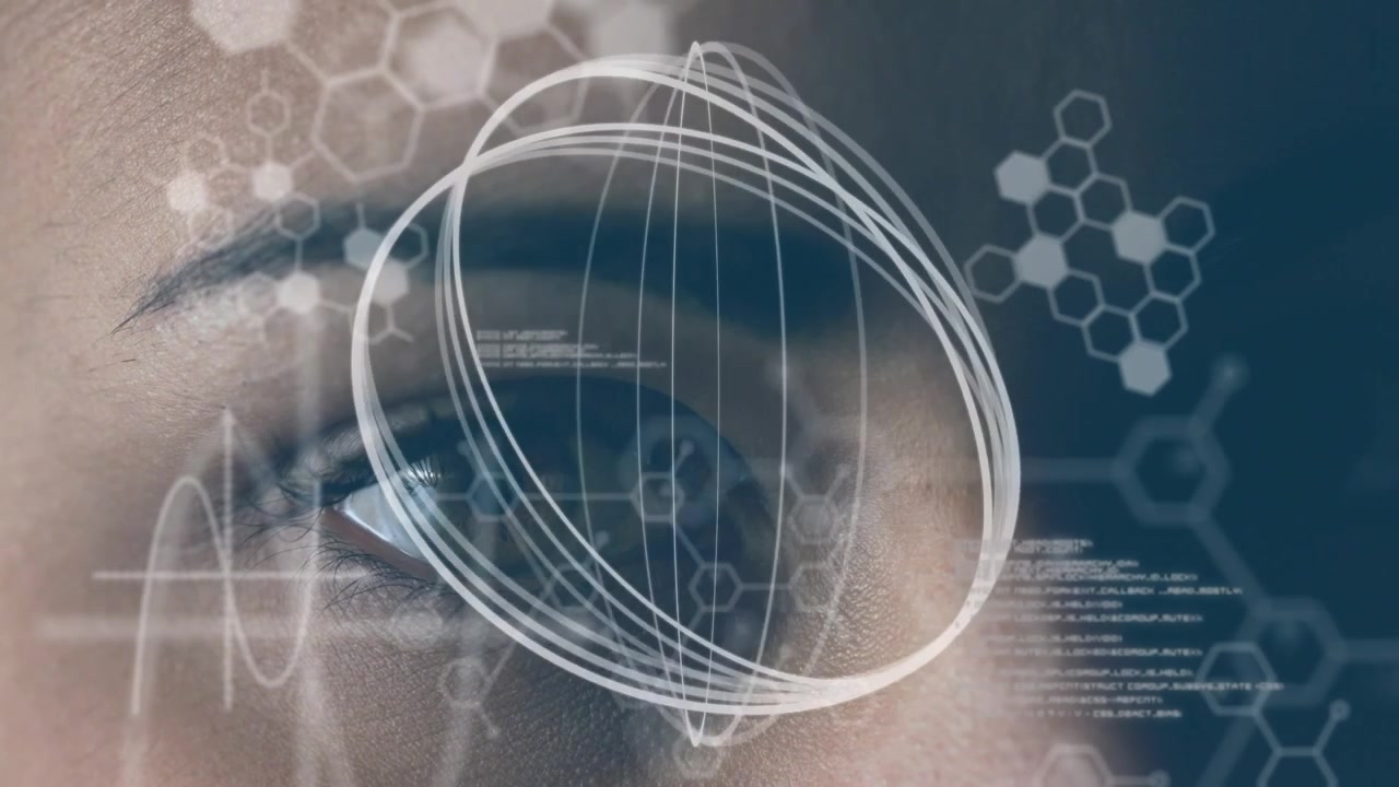 Animation of science data processing over caucasian female eye