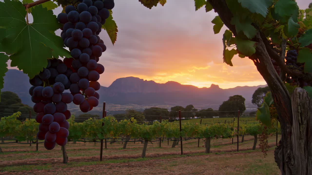 Vineyard at Sunset with Ripe Grapes in the Foreground