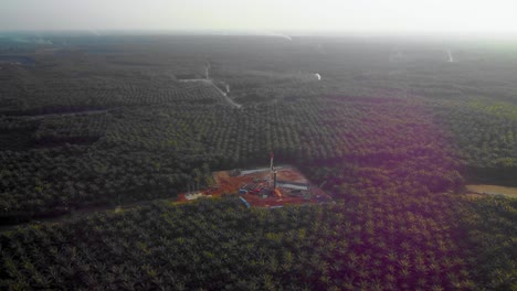 cinematic 4k drone footage of onshore drilling rig equipment structure for oil exploration and exploitation in the middle of jungle surrounded by palm oil trees during sunset and high oil price