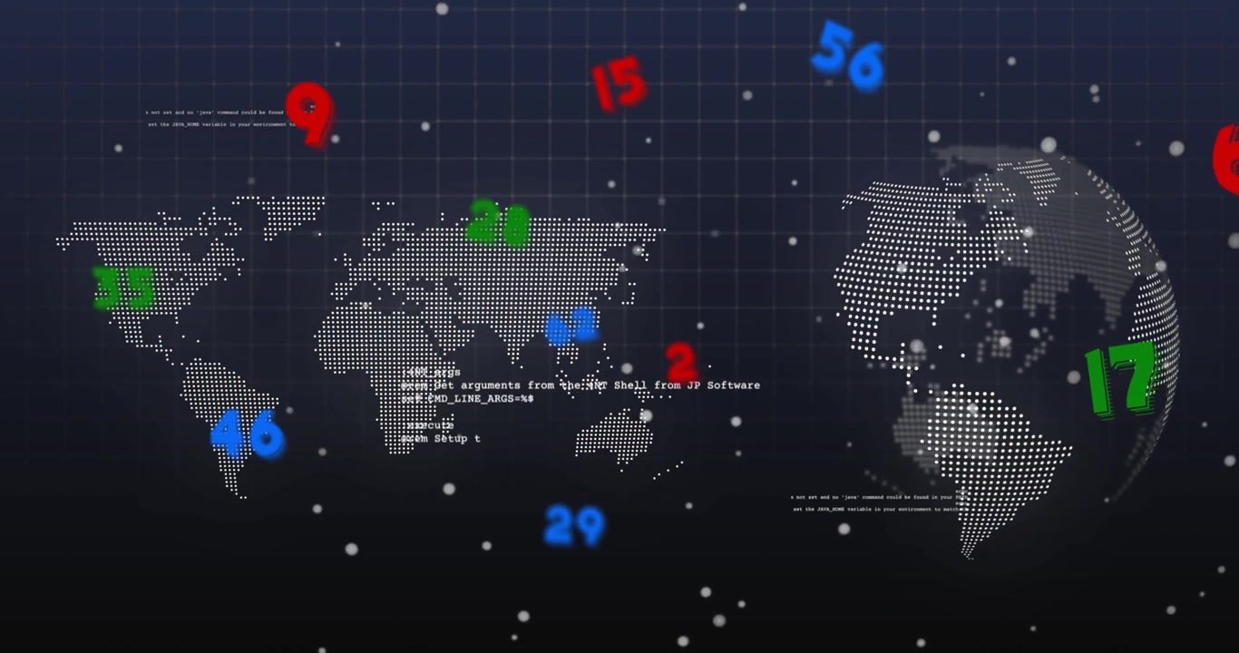 Dotted map and rotating globe receiving live data, shifting markers and showing code text for tech