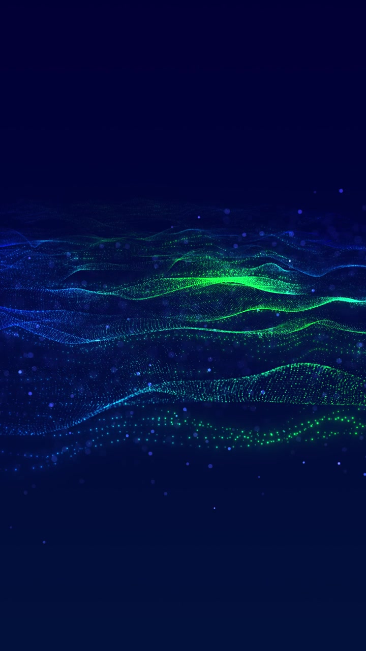 Blue green particle wave background with flowing mesh hills glowing dots and dark digital sky