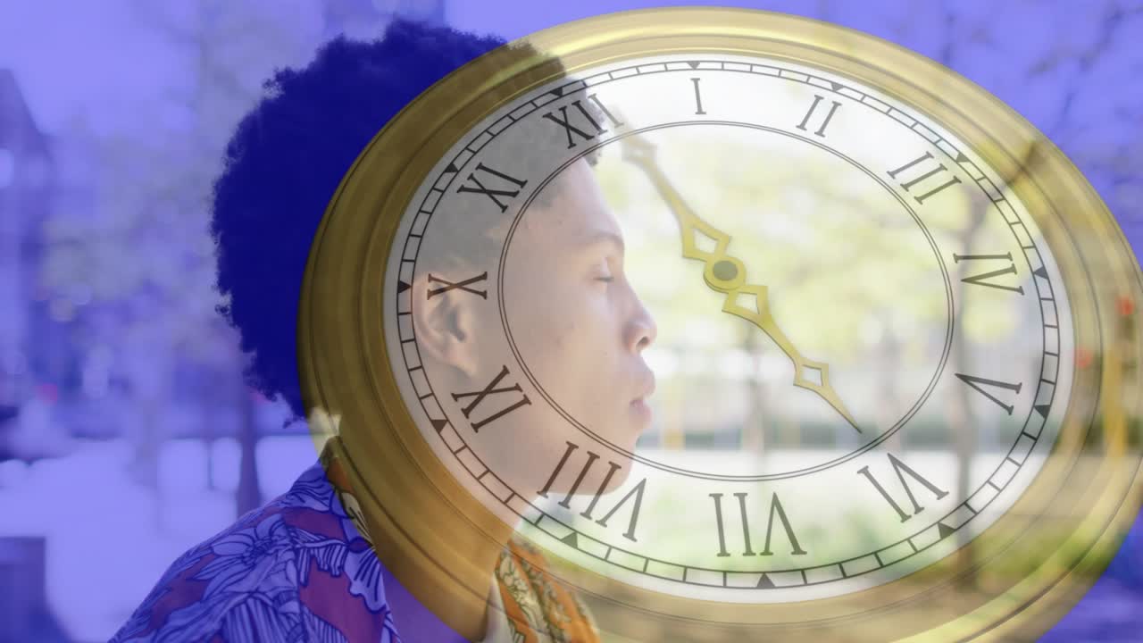 Man lifting to-go cup and sipping, clock overlay rotating, head turning, reflecting for marketing