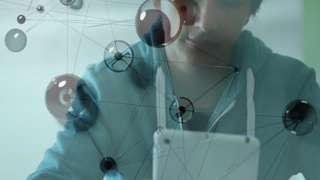 네트워크 연결과 상호 작용하는 애니메이션, 태블릿을 들고 있는 사람