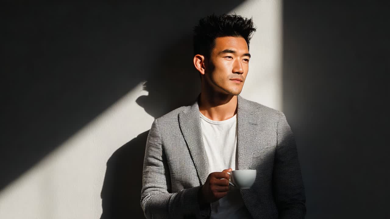 A Thoughtful Moment: Capturing a Young Man in Natural Light Savoring a Warm Beverage, Reflecting on Life's Simple Joys in a Stylish Setting