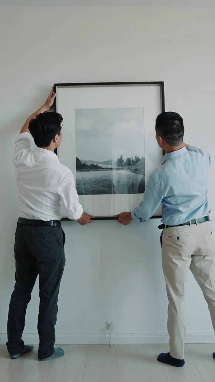 Video verticale: Due uomini in camicia che abbassano e allineano una stampa incorniciata a casa per appenderla.