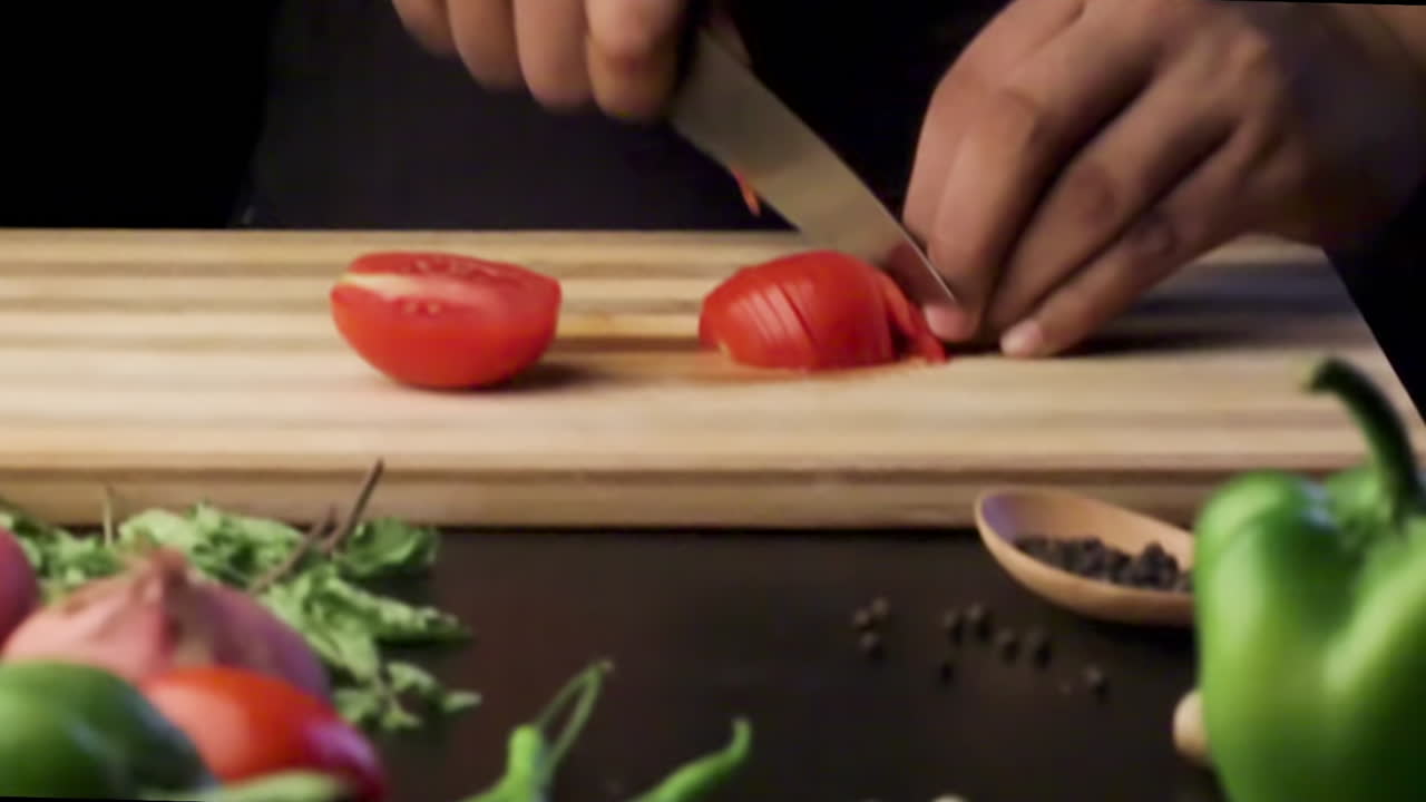 picar tomate en una tabla de cortar de madera con un cuchillo afilado en la cocina, cortar verduras