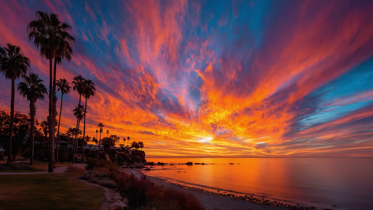 Breathtaking Sunset Over Tranquil Seascape: A Mesmerizing Display of Colorful Clouds and Vibrant Skies Reflecting on Calm Waters with Silhouetted Palm Trees