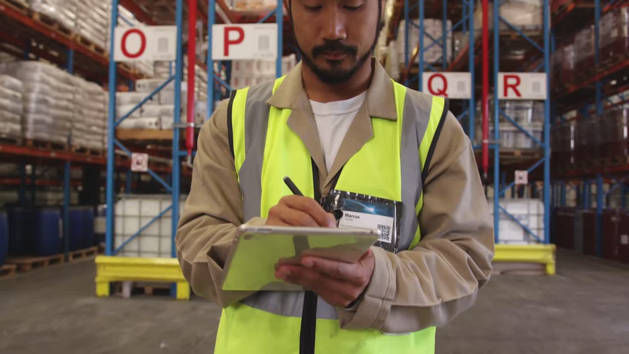 Young man working in a warehouse 4k