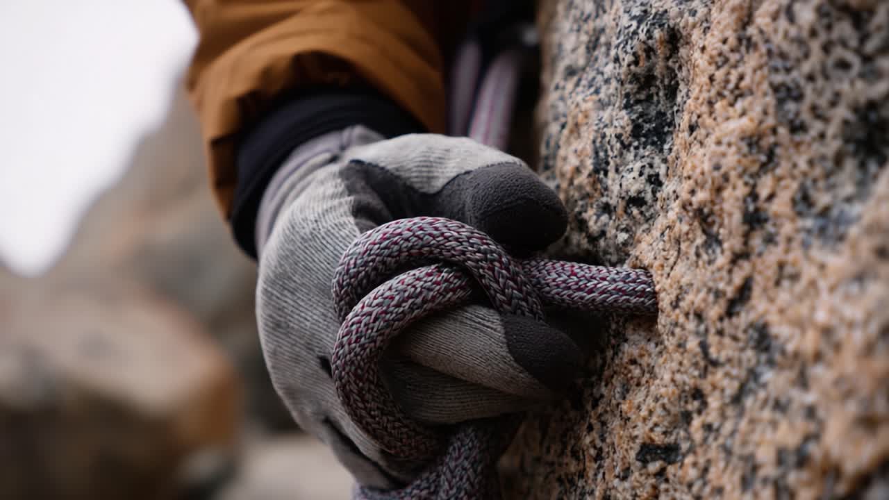 A Close-Up of a Climber's Hand Securing a Rope on Rocky Terrain, Capturing the Essence of Mountaineering and the Importance of Safety in Technical Climbing Situations