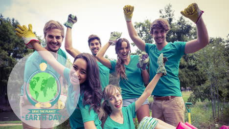 Animation-of-ecology-earth-day-text-and-globe-logo-over-people-doing-cleaning-work-in-forest