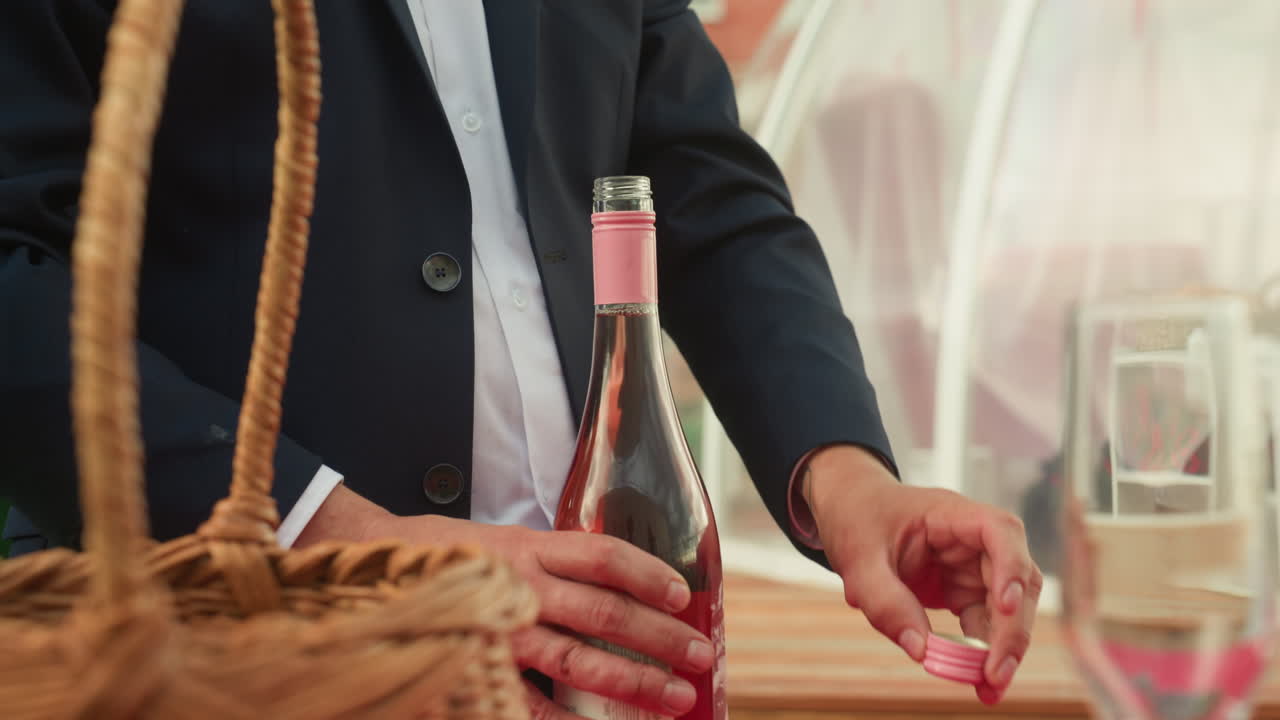 Picnicbord med vinflaske og glas, mand i blazer åbner rosé ved pilefletkurv, friske ferskner og bær på rød dug, to vinglas venter, varmt sollys skaber intim fejring