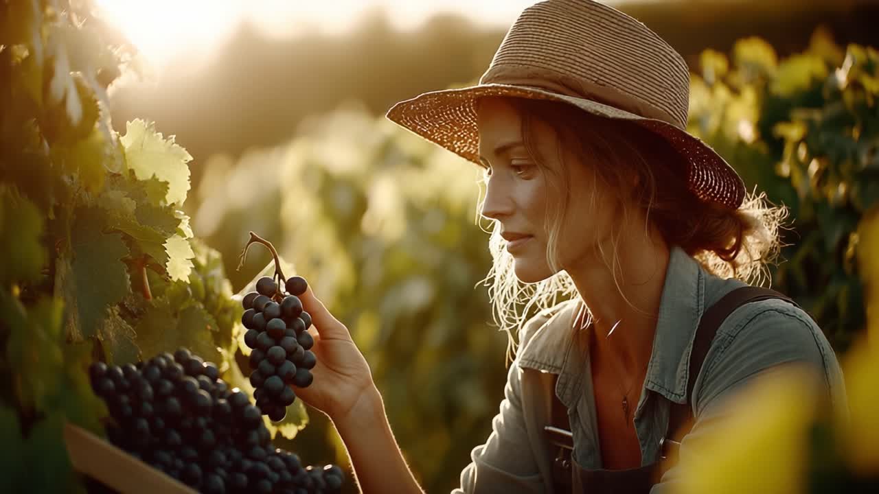 Capturing the Essence of Harvest: A Woman Collecting Grapes in a Sunlit Vineyard, Embracing Nature's Bounty in Beautiful Surroundings