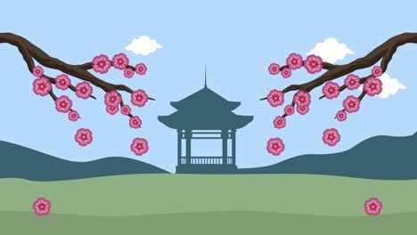 feliz animación del festival de mediados de otoño con ramas de flores rosadas y pagoda