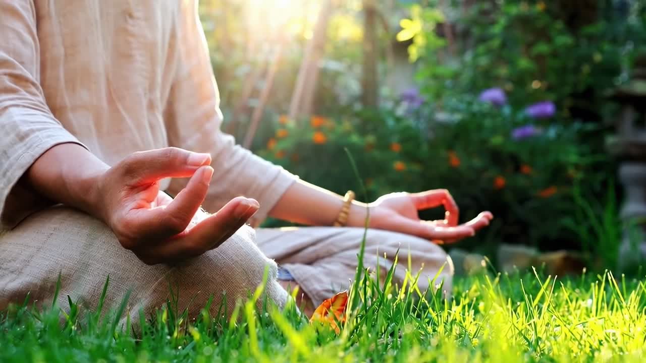 Bahçede dingin bir meditasyonun düşük açılı videosu, güneş ışığını ve huzuru yakalıyor