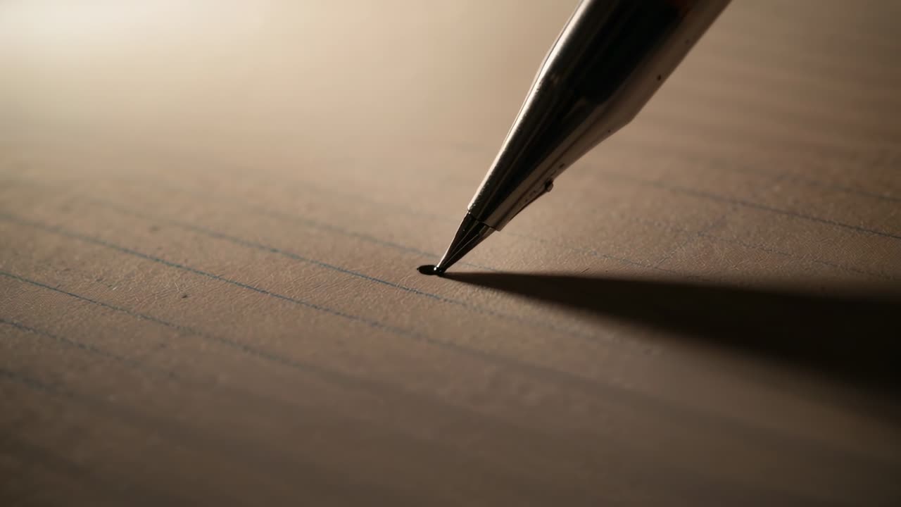 Punta di penna metallica che tocca carta a righe, lasciando una goccia d'inchiostro e formando una linea lucida e ombreggiata per il design.