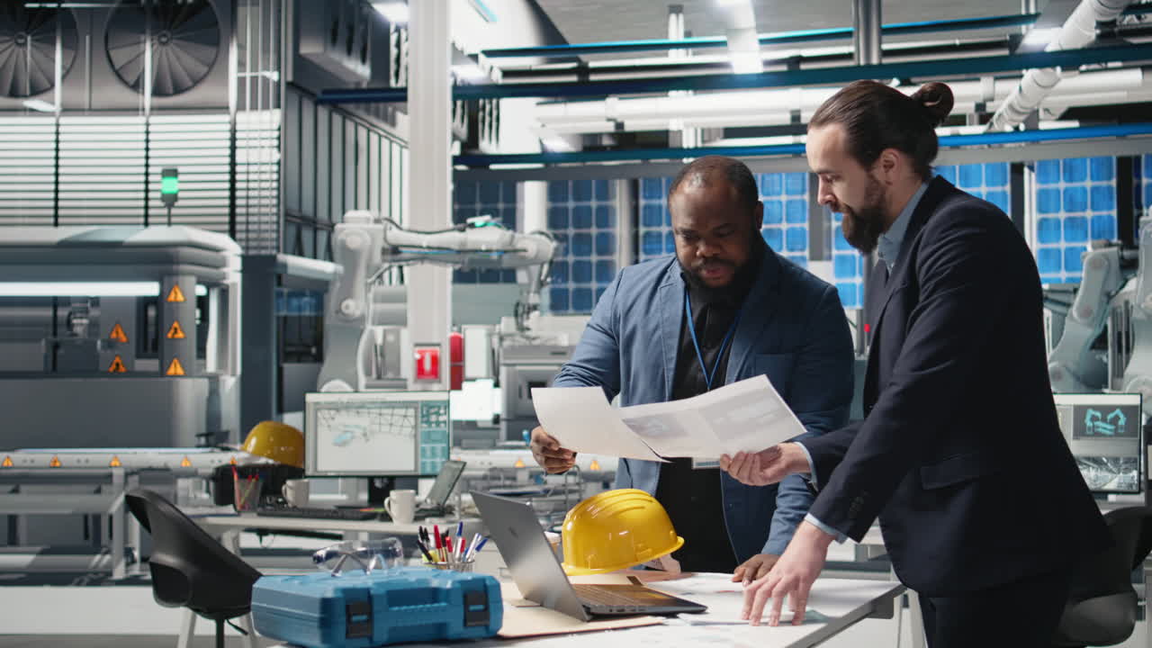 Engineers collaborating on a project in a factory