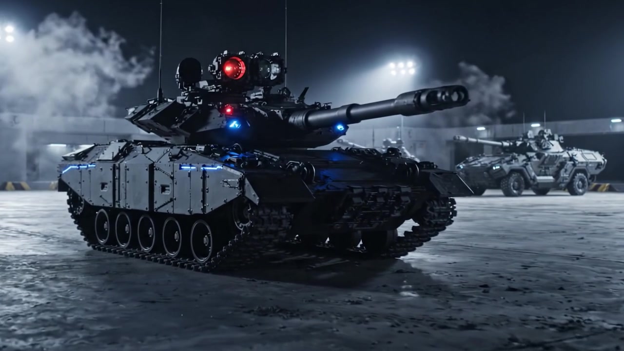 Un'esposizione notturna di moderni veicoli corazzati con carri armati dotati di tecnologia avanzata e sistemi LED illuminati in un ambiente militarizzato