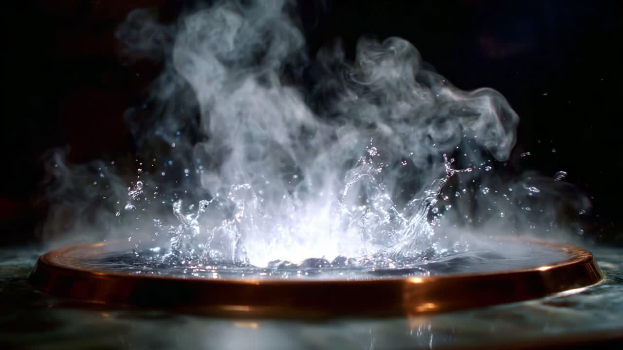 A mesmerizing display of steam and water interaction, showcasing vapor clouds rising from a water surface illuminated by bright light in a captivating motion scene
