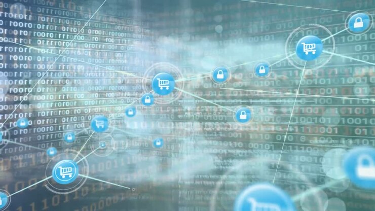 Animation of network of connections with icons over data processing and sky with clouds