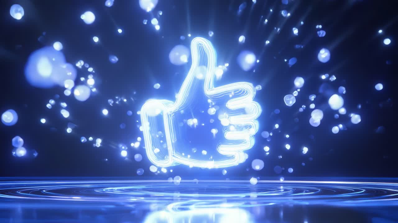 Bright and Radiant Thumbs Up Gesture Illuminated in a Surreal Environment Enveloped in Sparkling Lights and Radiating Energy, Symbolizing Approval and Positivity in a Digital Universe