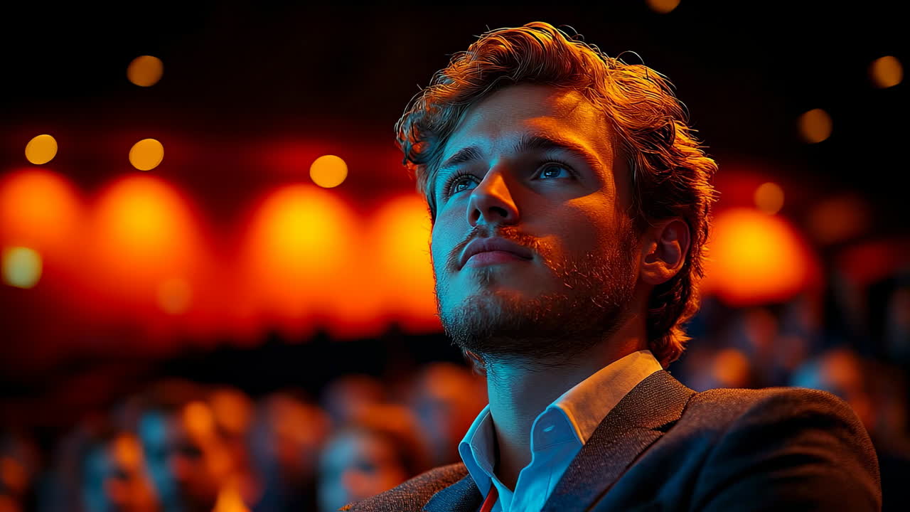 Audience member watches presentation in a theater during evening event with bright lights on stage