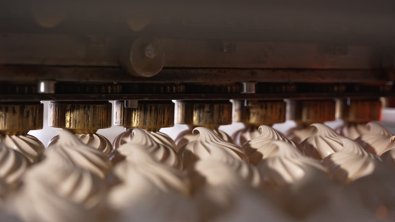Automated line with rotating nozzles producing vanilla marshmallows. Close up. Food factory concept.