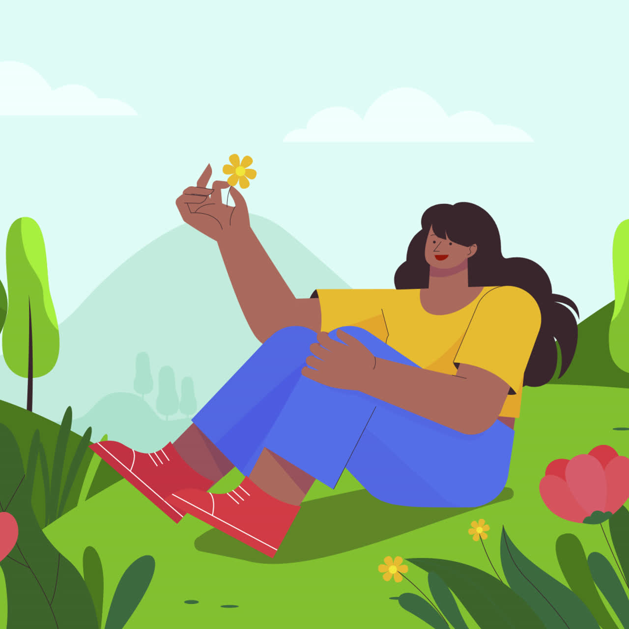 Woman enjoying a flower in a park