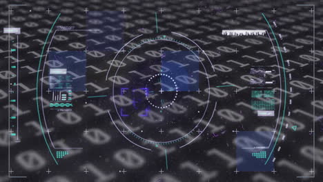animación del escaneo del alcance, el código binario y el procesamiento de datos sobre fondo negro
