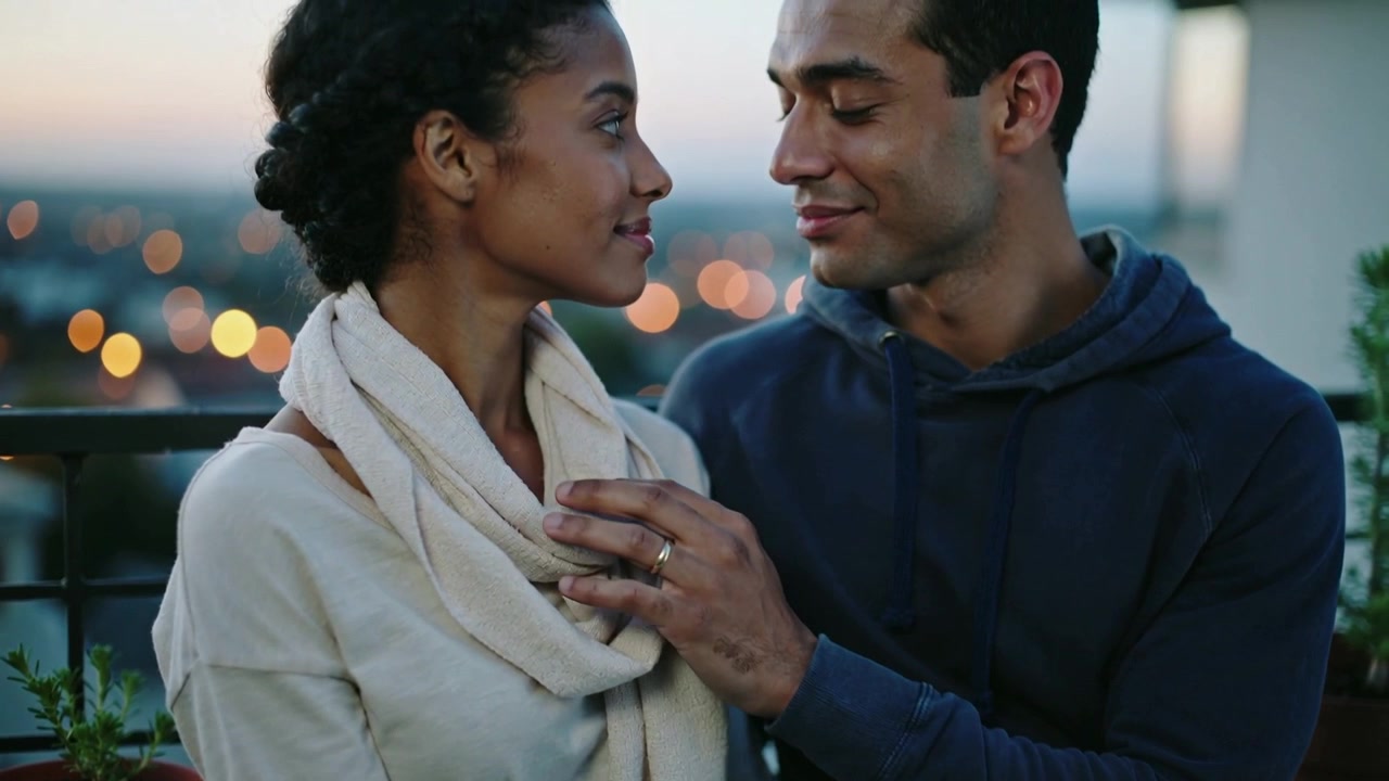 Reaching man adjusting scarf, camera pulling back on balcony at dusk, comforting, ring visible