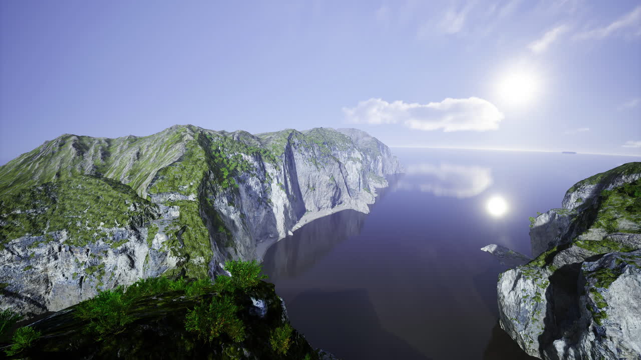 Stunning coastal cliffs reflect sunlight across tranquil waters at dawn