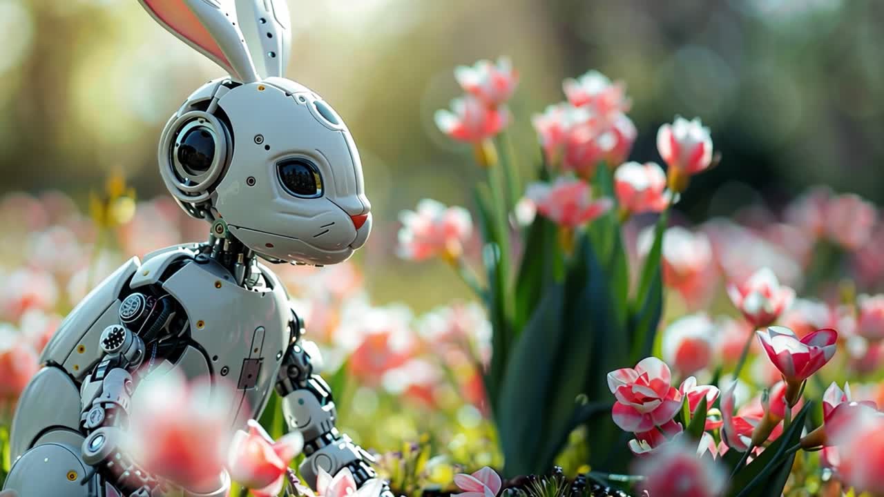 Un coniglio robotico è seduto tra fiori rosa sbocciati in un giardino.