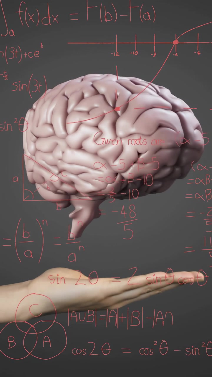 Hand entering palm, supporting 3D brain emerging and rotating above chalkboard, aligning math