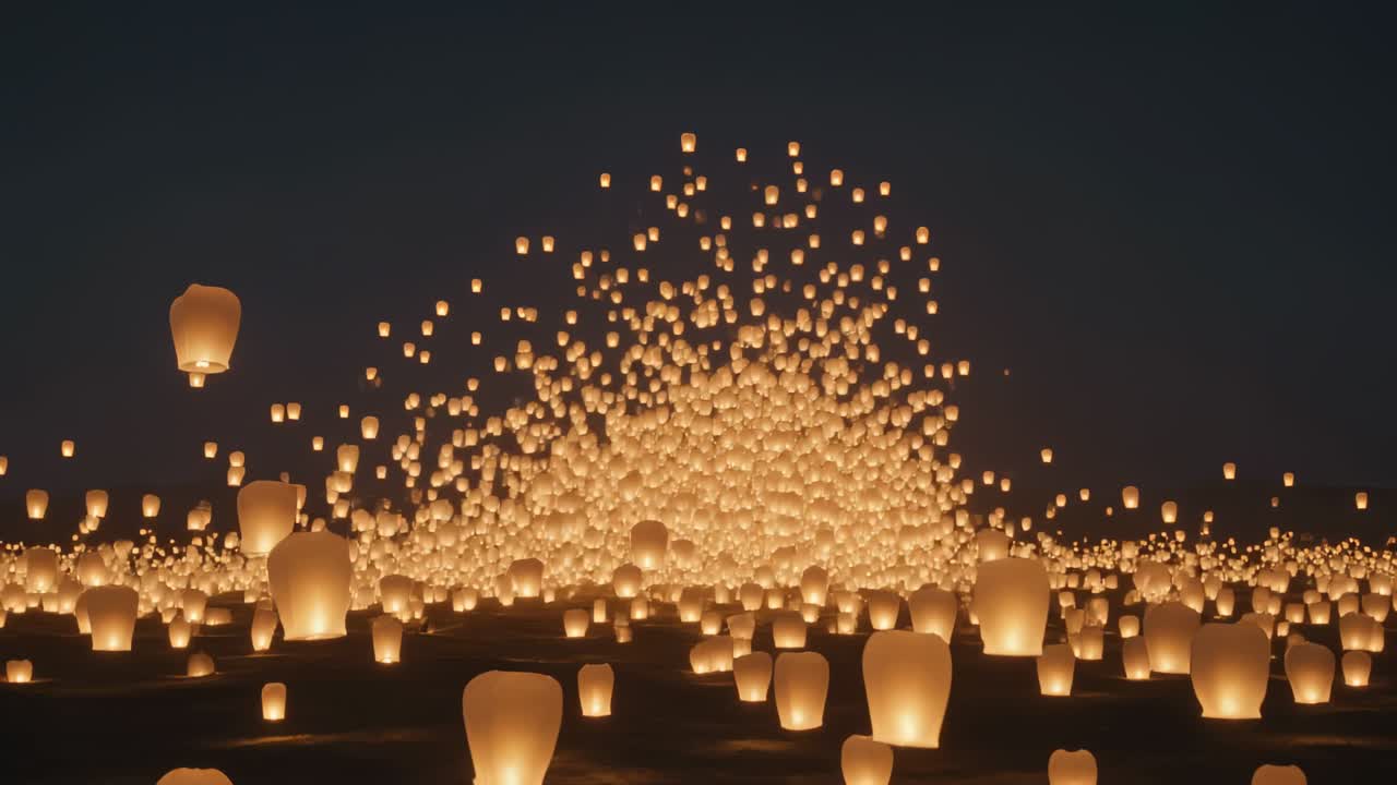 Fiamme aperte che illuminano e scaldano lanterne, con lanterne volanti di carta luminose che si innalzano nella notte sopra un campo.